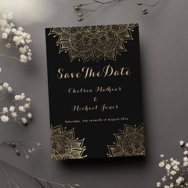 Convites Mandala floral de ouro negro elegante Salvar a Dat (Elegant black gold floral mandala Save The Date Invitation)