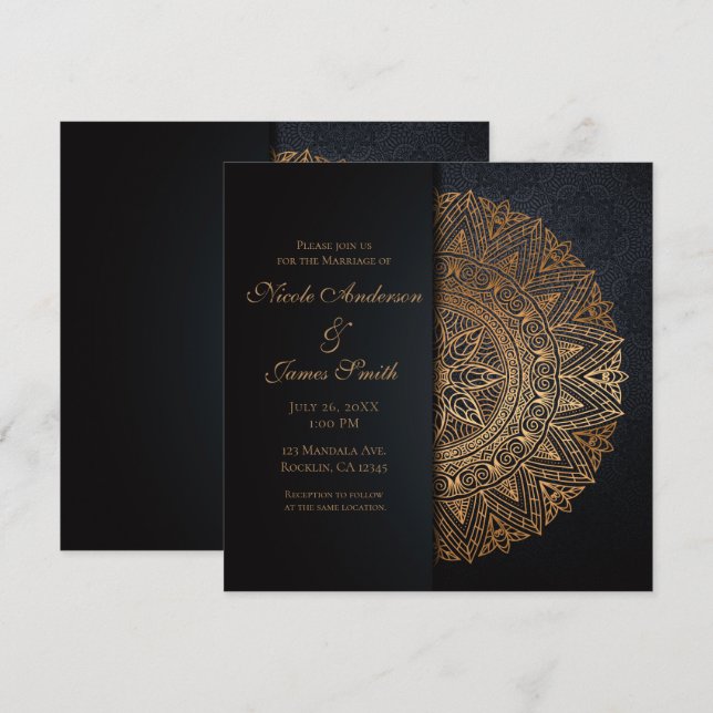 Convites Mandala Preto e Dourado Elegante Casamento (Frente/Verso)