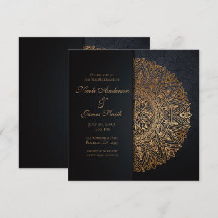 Convites Mandala Preto e Dourado Elegante Casamento