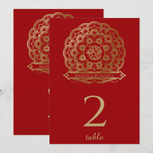 Convites Mandala Vermelho e Dourado Número da Mesa Indiano