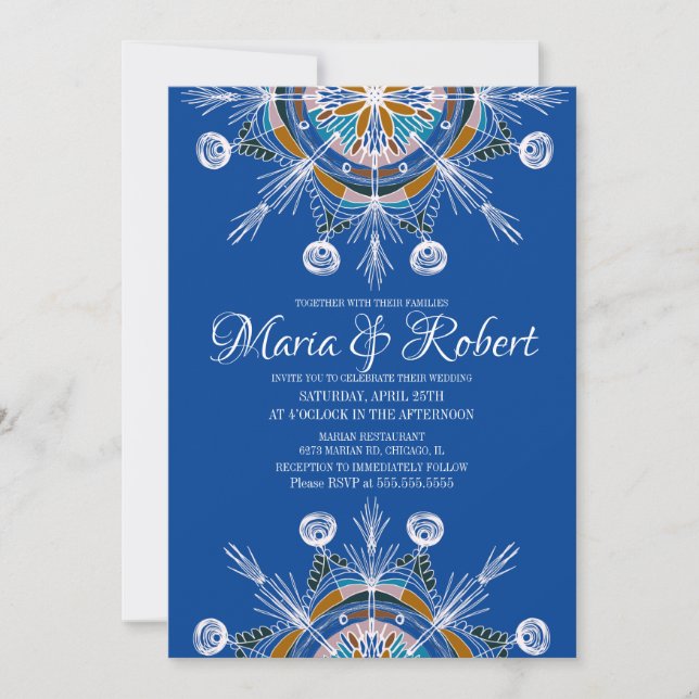 Convites Mandalas Coloridos Boêmios Casamento Azul Boho (Frente)