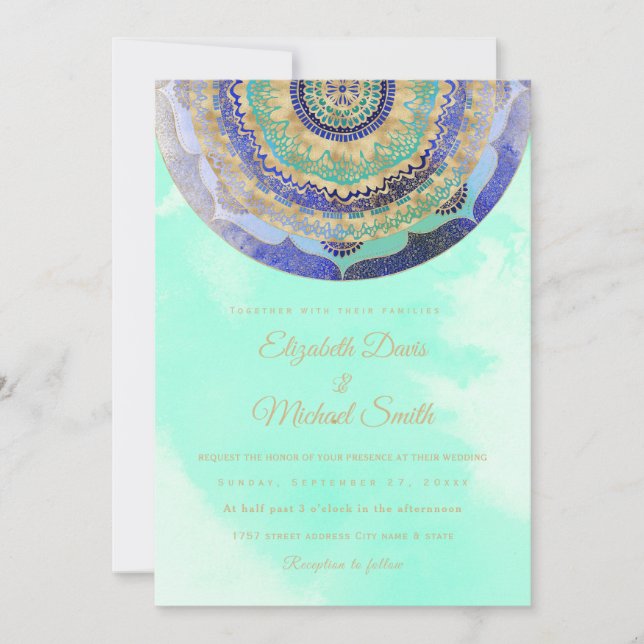 Convites Mandalas em Aquarela Azul Dourado (Frente)