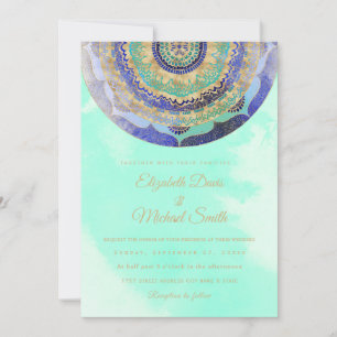 Convites Mandalas em Aquarela Azul Dourado