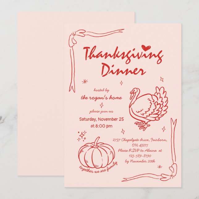 Convites Manhã Desenhada Escribble Pumpkin Turquia Ação de  (Frente/Verso)