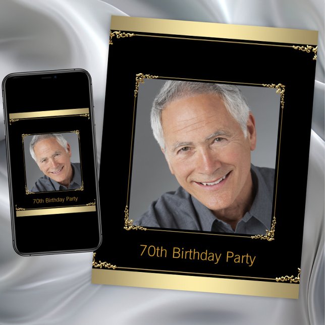 Convites Mans Black and Dourado Festa de aniversário (Mans black gold any birthday party invitation. Instant download and printed invitations available.)