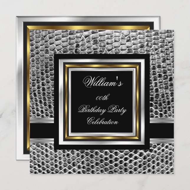 Convites Mans Elegante Black Dourado Silver Festa de aniver (Frente/Verso)