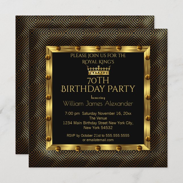 Convites Mans Photo 70 Festa de aniversário Crown Dourado C (Frente/Verso)