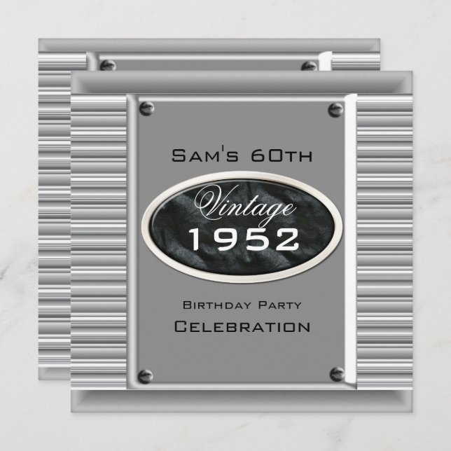 Convites Mans Vintage 60th Silver Black Birthday (Frente/Verso)