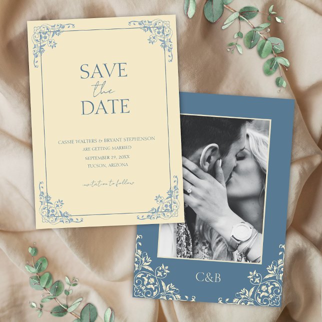 Convites Manteiga Amarelo Azul Mínimo Salve a Data (Elegant butter yellow and dusty blue photo save the date cards for romantic bridgerton inspired card)