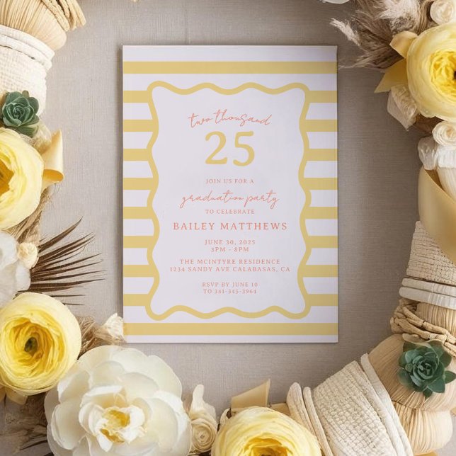 Convites Manteiga Cabana Diversão Festa de formatura Amarel (Butter Cabana Yellow Graduation Invitation. Fun and bright graduation invitation.)