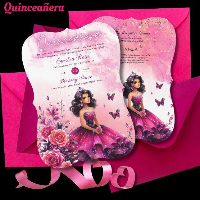 Convites Manteiga cor-de-rosa magenta Quinceanera Vestir Bo (Criador carregado)
