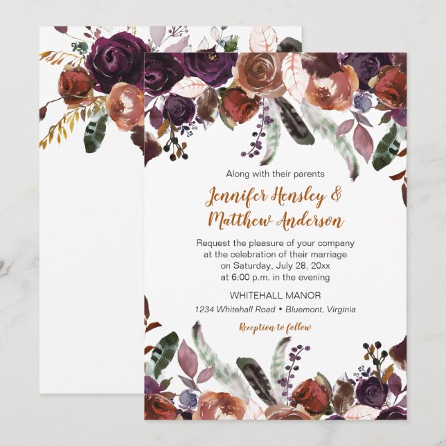 Convites Manteiga Rum Roxo Roxo Escuro Rosas Casamento Boho (Frente/Verso)