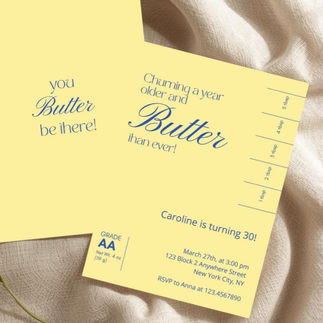 Convites Manteiga Salgada Amarela Minimalista de Aniversári (butter birthday invitation, funny birthday invite, turning older and butter, yellow birthday invite,)