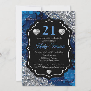 Convites Manuscrito Azul com Sereia Letras Glitas Prateadas