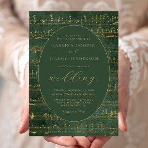 Convites Manuscrito de Música Antiga Casamento Verde Dourad