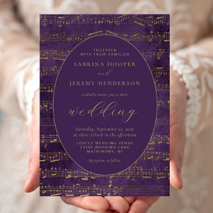 Convites Manuscrito de Música Antiga Roxo Dourado Casamento