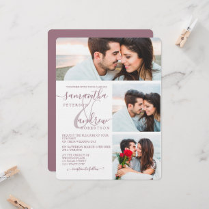 Convites Manuscrito Mauve minimalista 3 fotos casamento