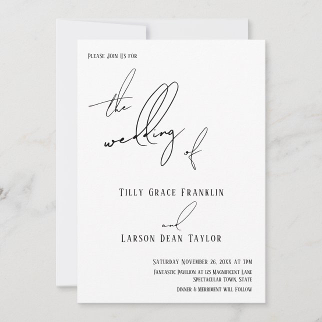 Convites Manuscrito Moderno Simples "O Casamento de" Branco (Frente)