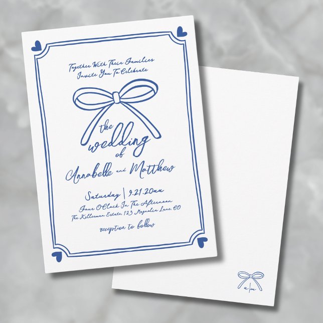 Convites Mão Azul Desenhada Arco Caprichoso Casamento (Blue White Hand Drawn Whimsical Bow Wedding Invitation)