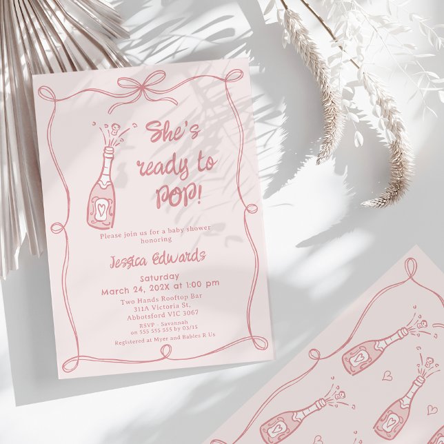 Convites Mão Branca, Rosa, Desenhada Pronta Para Chá de fra (Pink Whimsical She's Ready To Pop Baby Shower Invitation Hand Drawn Illustration Champagne Bottle )