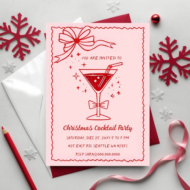 Convites Mão de Doodle desenhada Pink Red Arco Cocktails de (Doodle Hand drawn Pink Red Bow Christmas Cocktails Invitation)