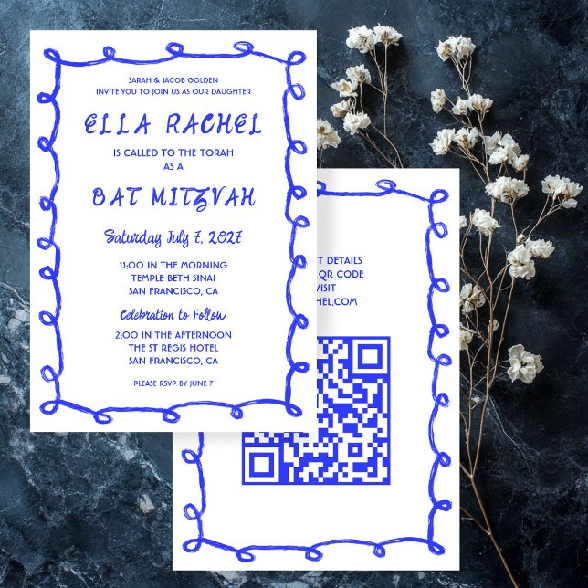Convites Mão de Loops Mensais Desenhada Personalizada Bat M (Messy Loops Hand Drawn Custom QR Bar Bat Mitzvah Invitation
)