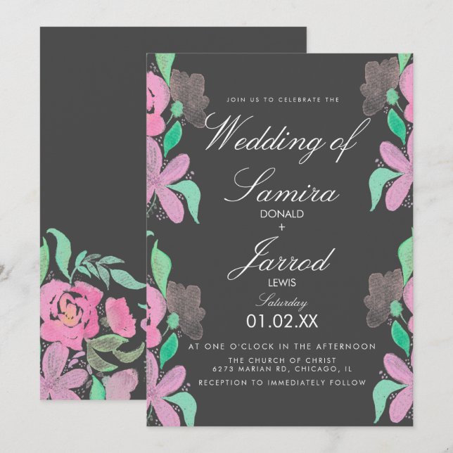 Convites Mão de Primavera Aquarela Casamento de Verde Rosa (Frente/Verso)