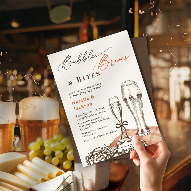 Convites Mão Desenhada Bolhas Cervejas e Petiscos Chá de Ca (Hand Sketch Bubbles Brews & Bites Couples Shower Invitation)