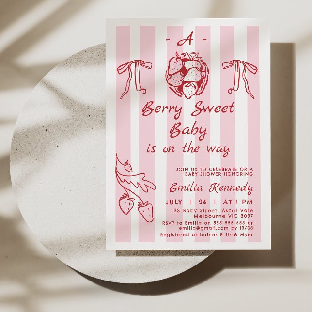 Convites Mão Desenhada Vermelha A Berry Chá de fraldas Doce (Hand Drawn Red Berry Sweet Baby Shower Invitation, Whimsical Berry Themed Baby Shower Invitation)