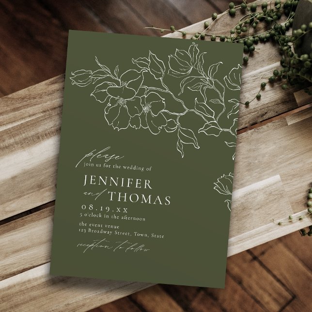 Convites Mão elegante traçada floral, casamento verde (Elegant hand drawn floral sage green wedding invitation)