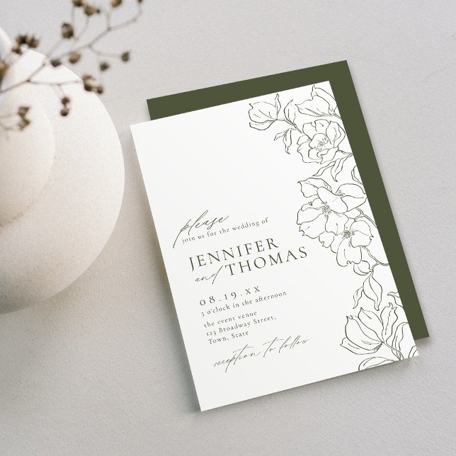 Convites Mão elegante traçada floral, casamento verde (Elegant hand drawn floral sage green wedding invitation)