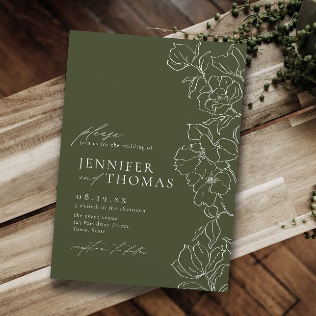 Convites Mão elegante traçada floral, casamento verde (Elegant hand drawn floral sage green wedding invitation)