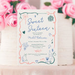 Convites Mão retrô francesa desenhada ilustrada Doce 16<br><div class="desc">Celebre seu aniversário doce de 16 anos em estilo com o nosso encantador convite de aniversário Retro francês rosa, verde, azul e bege! Este design francês ilustrado e desenhado à mão expele elegância e capricho, apresentando delicados rabiscos, armações onduladas de borda, e intrincados esboços de comidas e bebidas, incluindo copos...</div>