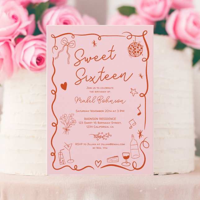 Convites Mão vermelha rosa desenhada em francês ilustrada D (Pink red French hand drawn illustrated Sweet 16 Invitation)