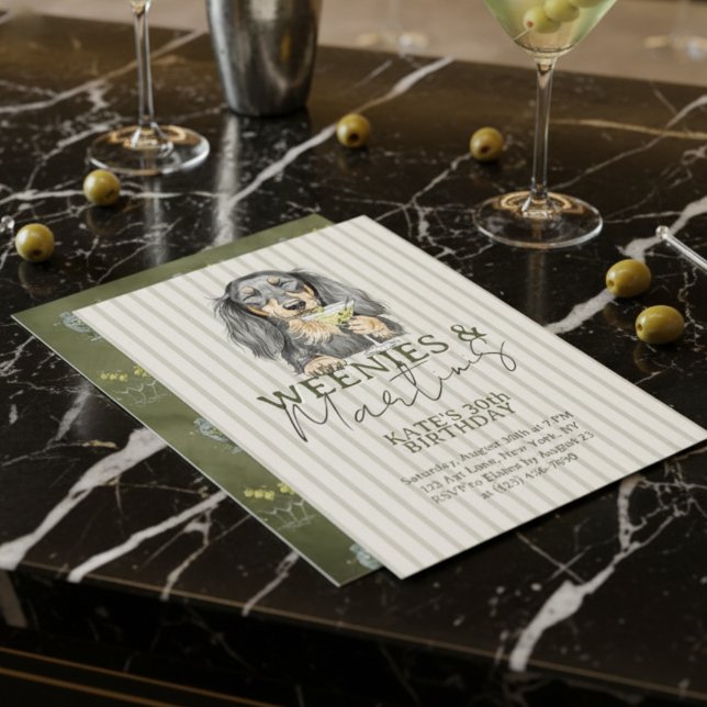 Convites Mãos Desenhadas e Martinis Dachshund (Invite guests to your trendy party with this Hand Drawn Weenies and Martinis Dachshund Invitation!)