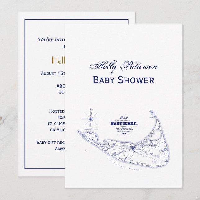 Convites Mapa Antigo da Ilha Nantucket MA Azul Marinho (Frente/Verso)