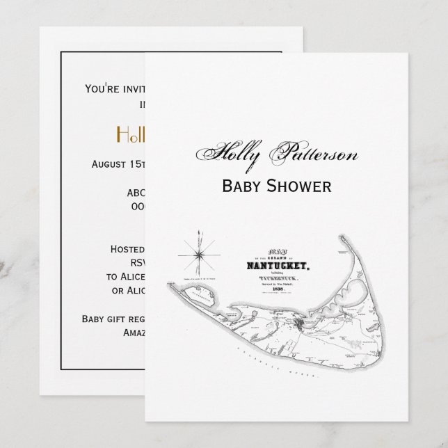 Convites Mapa Antigo da Ilha Nantucket MA Preto (Frente/Verso)