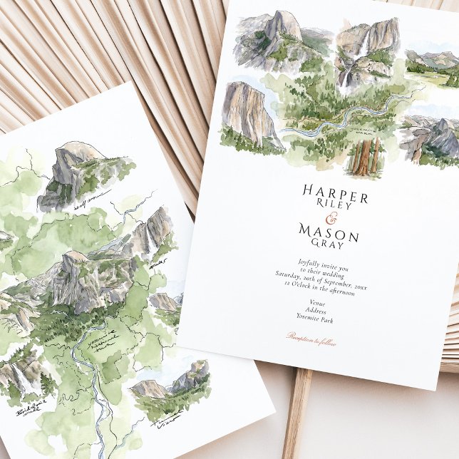 Convites Mapa Aquarela do Parque Nacional de Yosemite Casam (Criador carregado)