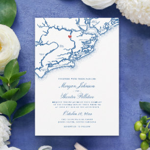 Convites Mapa da Ilha Johns SC Elegante Casamento Azul Mari