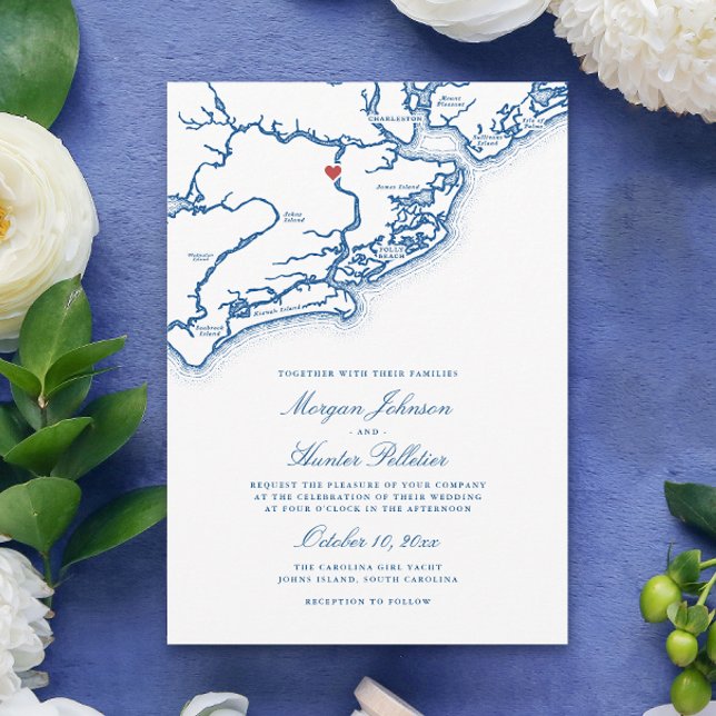 Convites Mapa da Ilha Johns SC Elegante Casamento Azul Mari (Johns Island SC Map Wedding Invitation in Elegant Navy Blue by Coastal Map Designs)