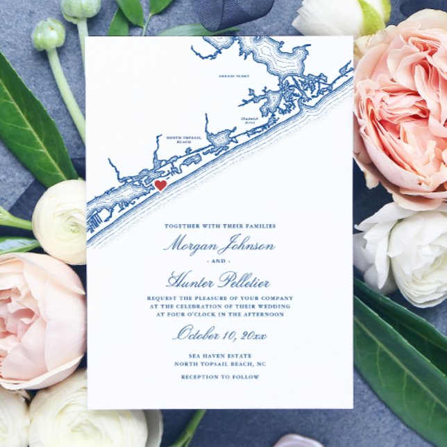 Convites Mapa da Praia North Topsail Azul Marinho Elegante  (North Topsail Beach NC Wedding Invitationin Elegant Navy Blue from Coastal Map Designs)