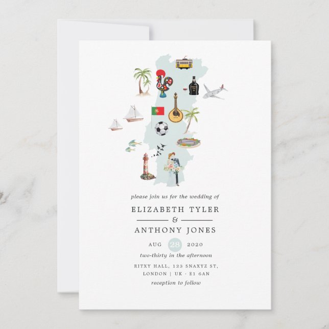 Convites Mapa d'água de Portugal Casamento de Destino (Frente)