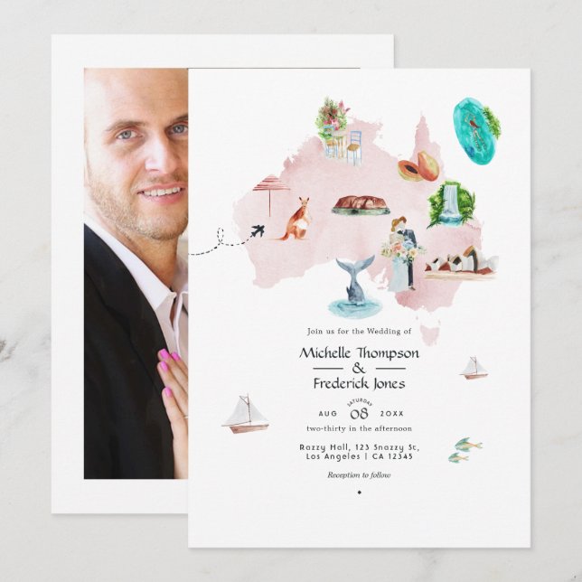 Convites Mapa de aquarela do casamento de destino da Austrá (Frente/Verso)