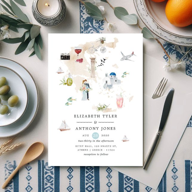 Convites Mapa de Aquarela do Casamento de Destino de Grécia (Watercolor Map of Greece Destination Wedding Invitation)