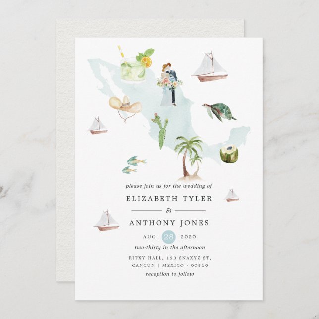 Convites Mapa de Aquarela do Casamento de Destino do México (Frente/Verso)
