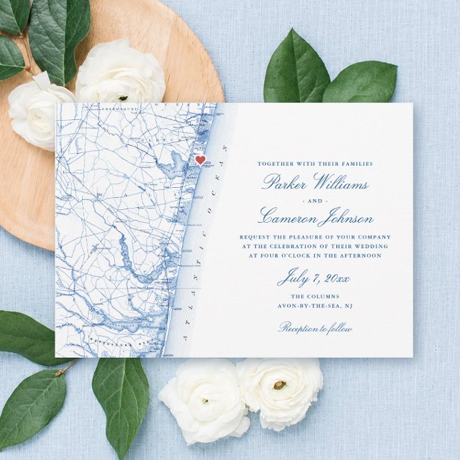 Convites Mapa de Avon-by-the-Sea NJ Casamento Azul Marinho  (The Columns Wedding Invitation Avon by the Sea NJ Map in navy blue by Coastal Map Designs)