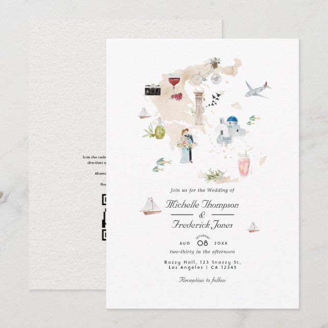 Convites Mapa de casamento de destino com código QR RSVP da (Frente/Verso)