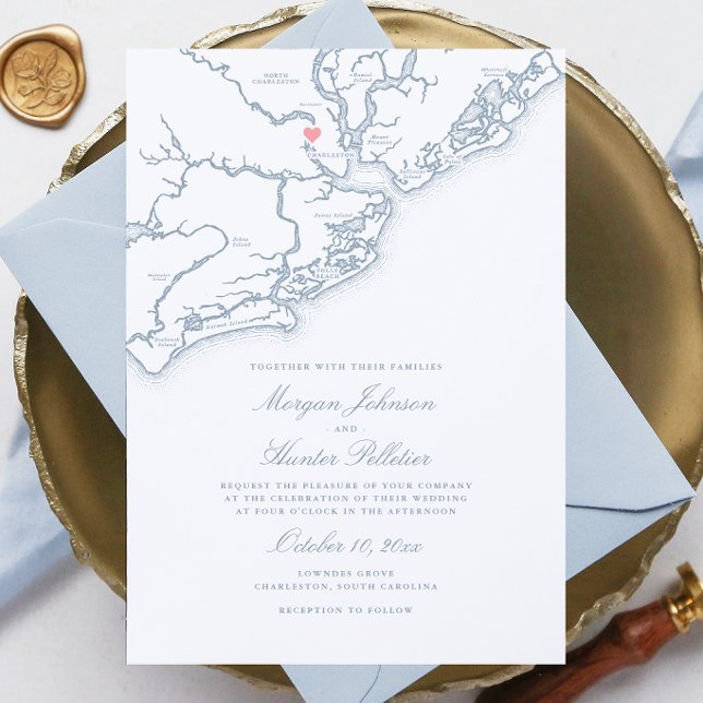 Convites Mapa de Charleston SC Elegante Casamento Azul Empo (Dusty Blue Charleston Wedding Invitation with Elegant South Carolina Map by Coastal Map Designs)