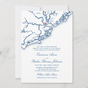 Convites Mapa de Charleston SC Elegante Casamento Azul Mari