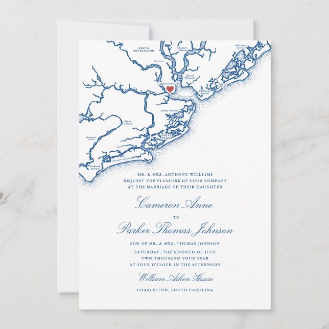 Convites Mapa de Charleston SC Elegante Casamento Azul Mari (Frente)